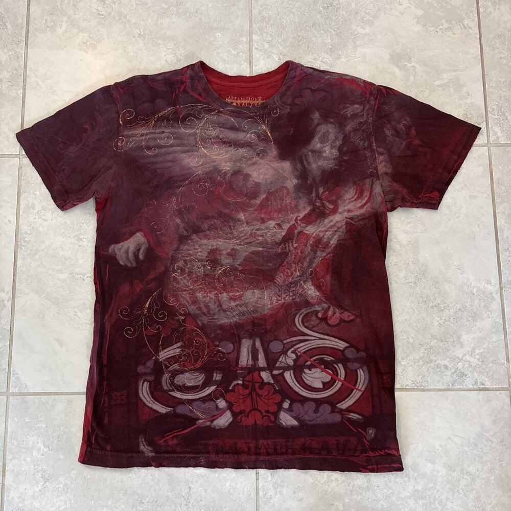 Affliction Royalty Premium T-Shirt Mens Red Sz L Graphic Fallen Angel USA